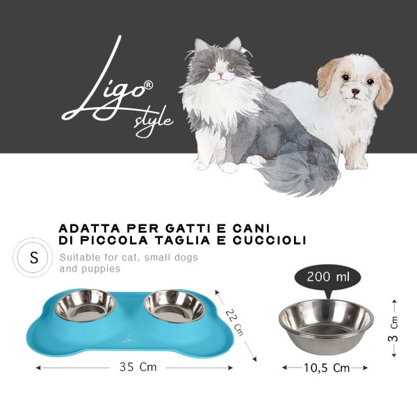 Ciotola Doppia per Cani e Gatti, 2 Ciotole in Acciaio Inox da 500 ml, Base  in Silicone Antiscivolo, Colore Blu